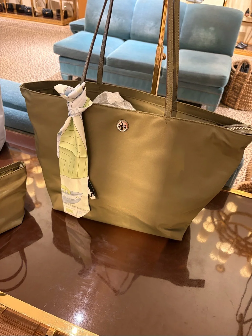Tory Burch Green khaki Tote nylon tote bag zip closure logo accent gold in Large